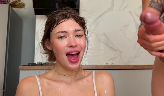 Russian chick got cum on her face after a hard blowjob